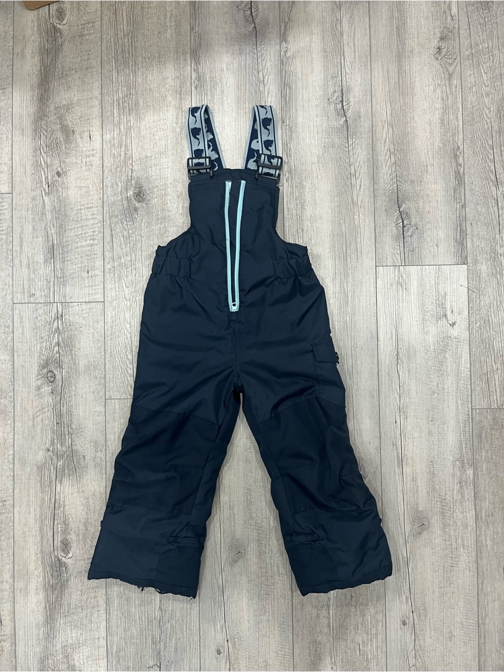 Disney Navy Snow Overalls with Light Blue Zipper and Patterned Straps